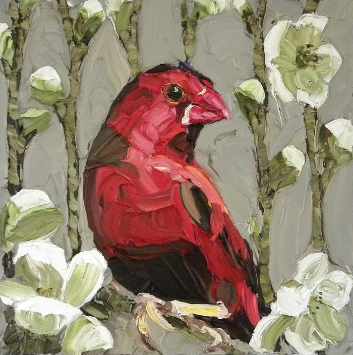 Crimson Finch on Apple Blossom by Jodie Wells | Lethbridge Gallery
